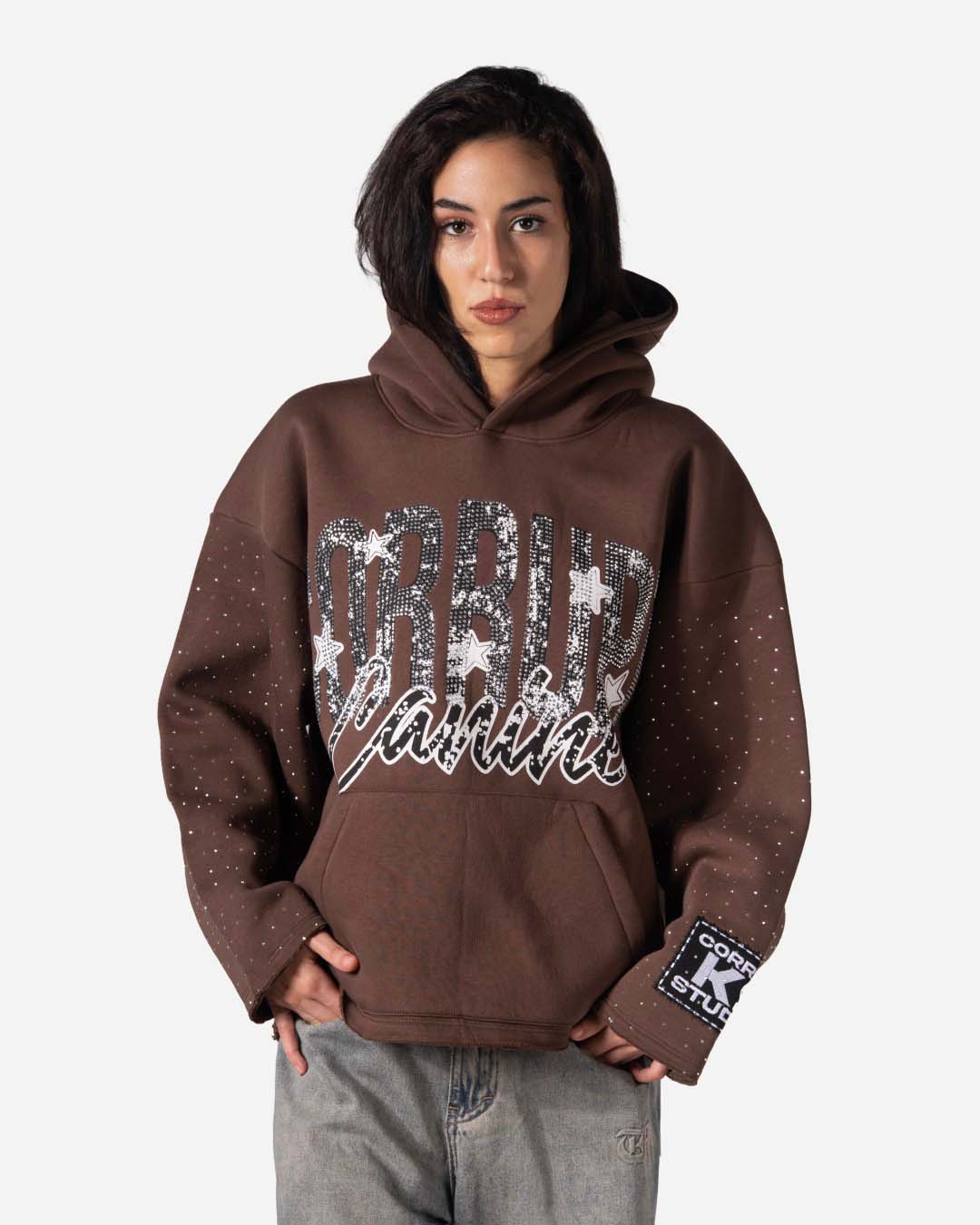 GRAPHIC STARS PRINT RHINESTONE CORRUPT CANINE HOODIE