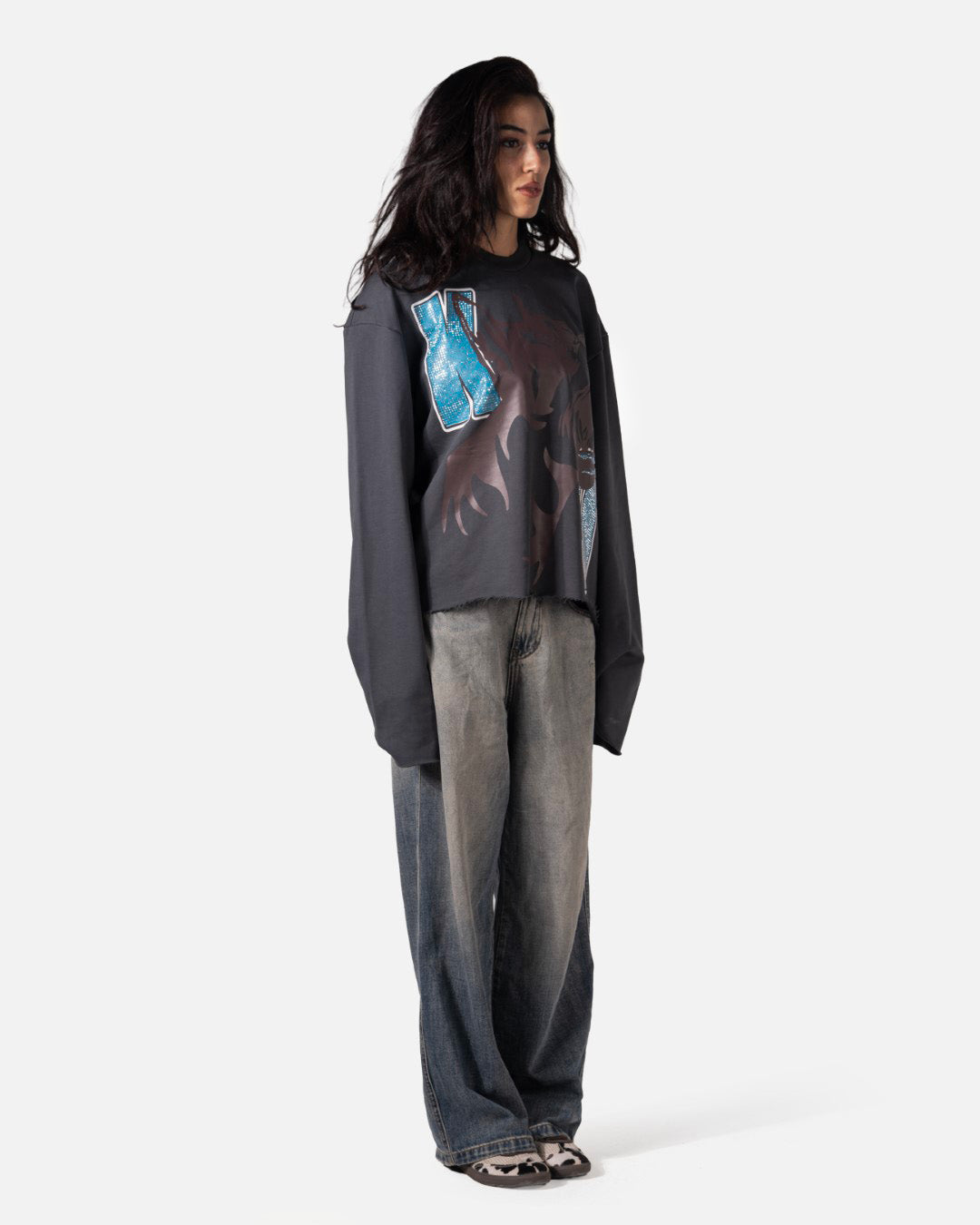 RHINESTONE DOGY &amp; LOGOS PRINT CORRUPT CROPPED SWEATSHIRT