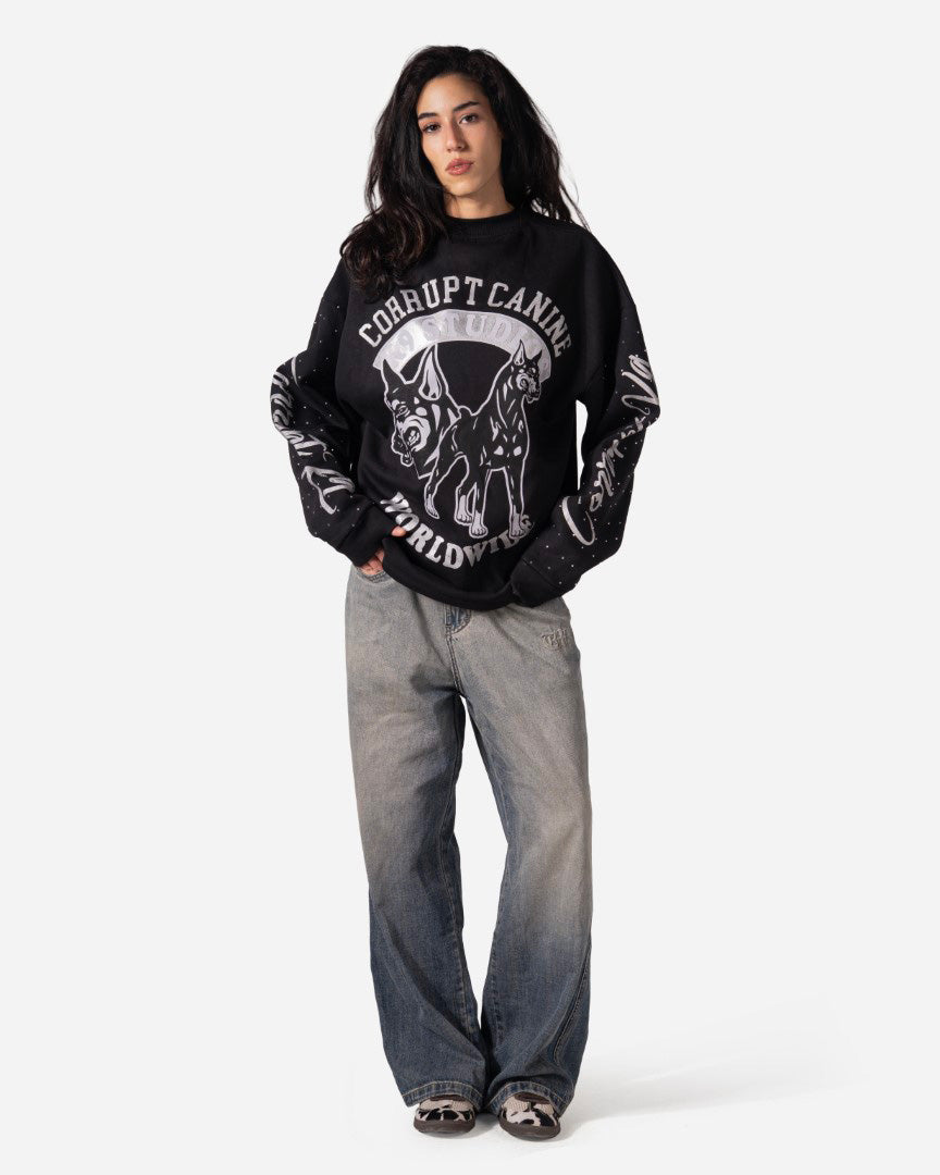 RHINESTONE CORRUPT K9 ROUND NECK LONG SLEEVE SWEATSHIRT