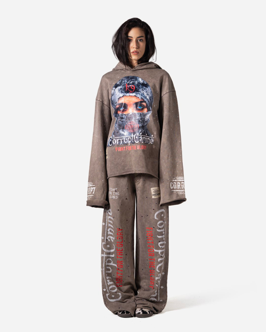 FIGHT FOR GLORY WASHED RHINESTONE CORRUPT CANINE JOGGERS SWEATPANTS