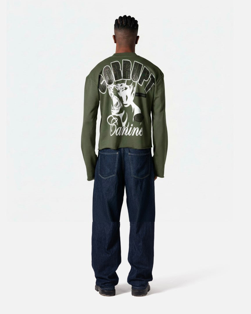 RHINESTONE DOGY &amp; LOGOS PRINT CORRUPT CROPPED SWEATSHIRT