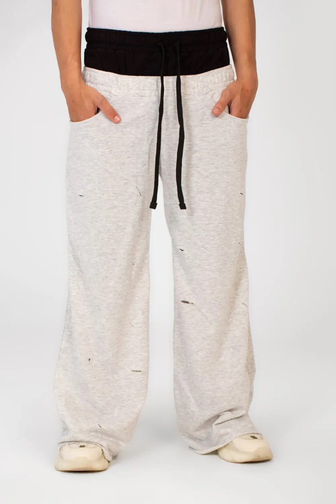 WIDE LEG DOUBLE WAIST RIPPED SWEATPANTS