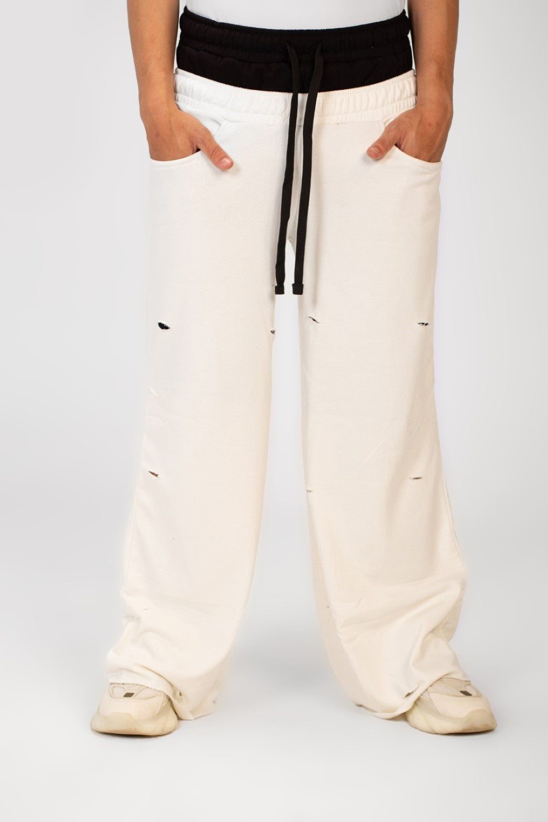 WIDE LEG DOUBLE WAIST RIPPED SWEATPANTS