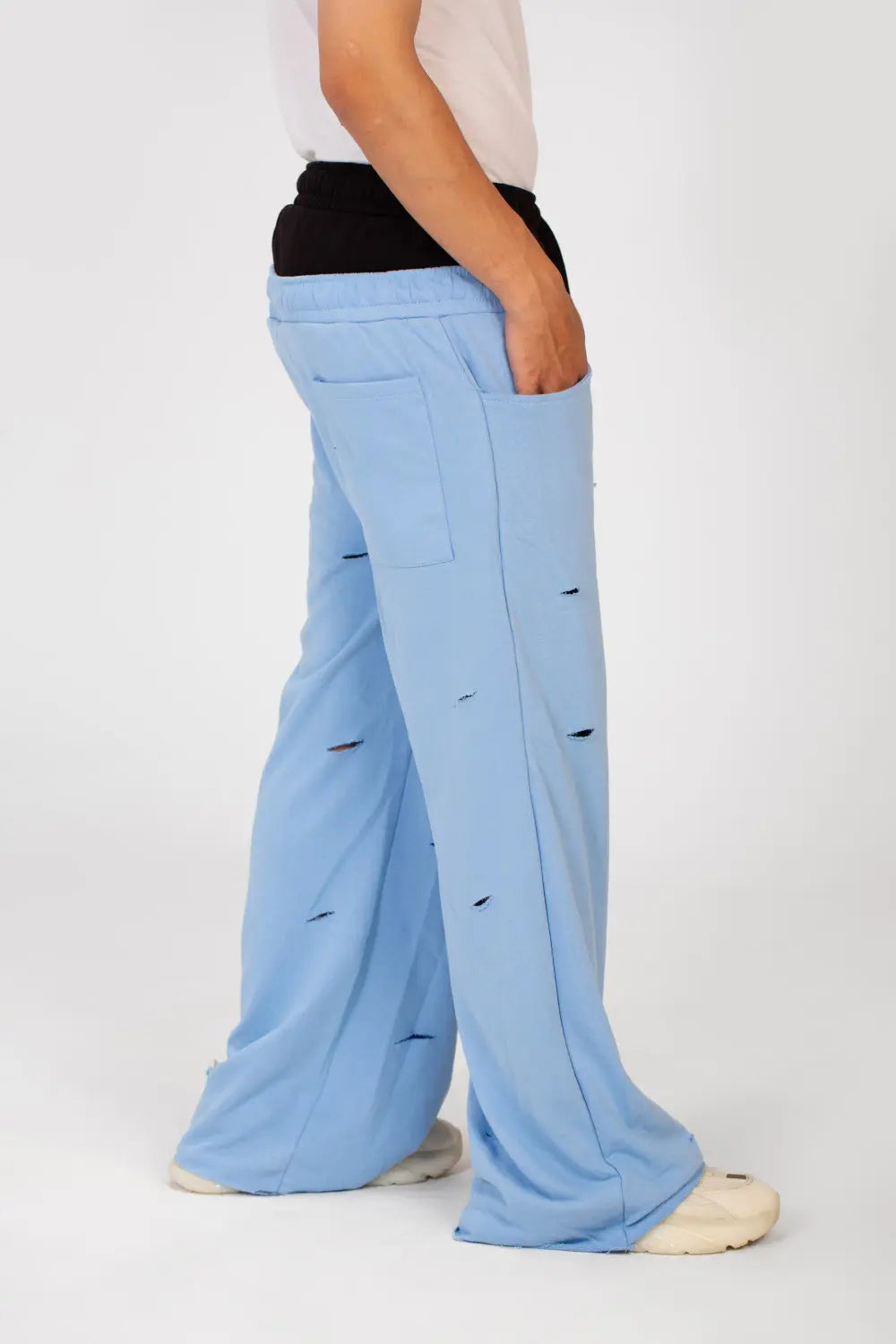 WIDE LEG DOUBLE WAIST RIPPED SWEATPANTS