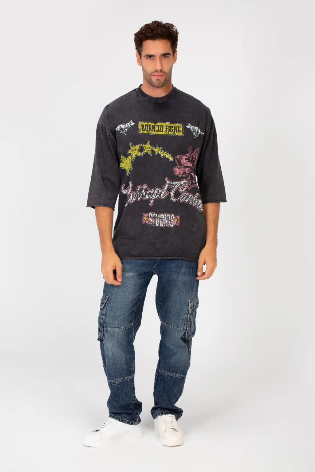 WASHED BOXY FIT RIPPED PRINTED T-SHIRT