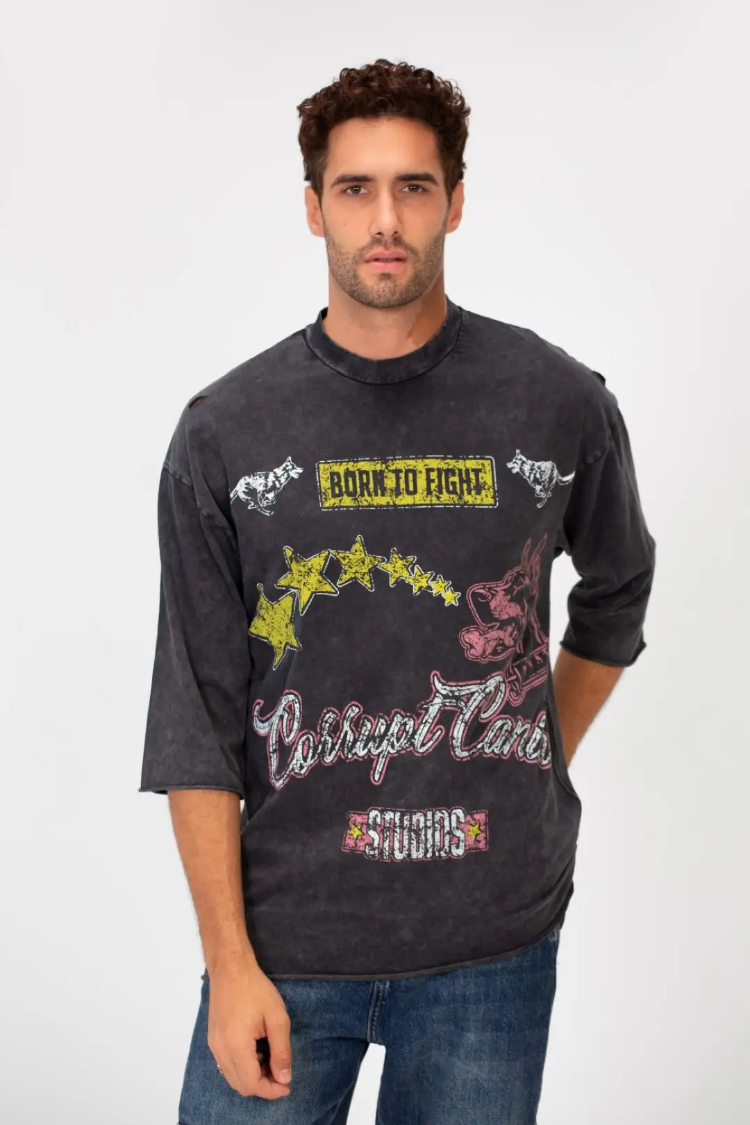 WASHED BOXY FIT RIPPED PRINTED T-SHIRT
