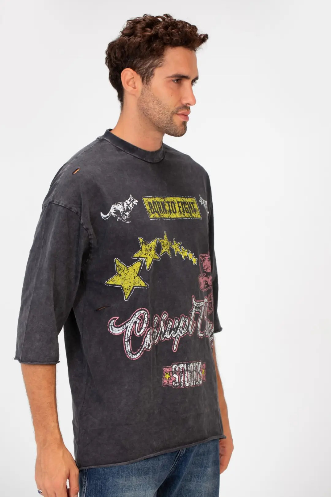 WASHED BOXY FIT RIPPED PRINTED T-SHIRT