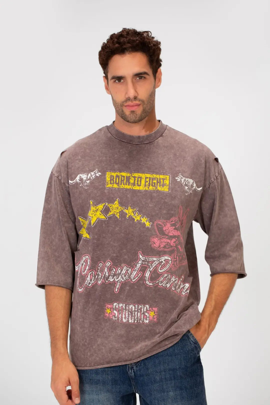 WASHED BOXY FIT RIPPED PRINTED T-SHIRT