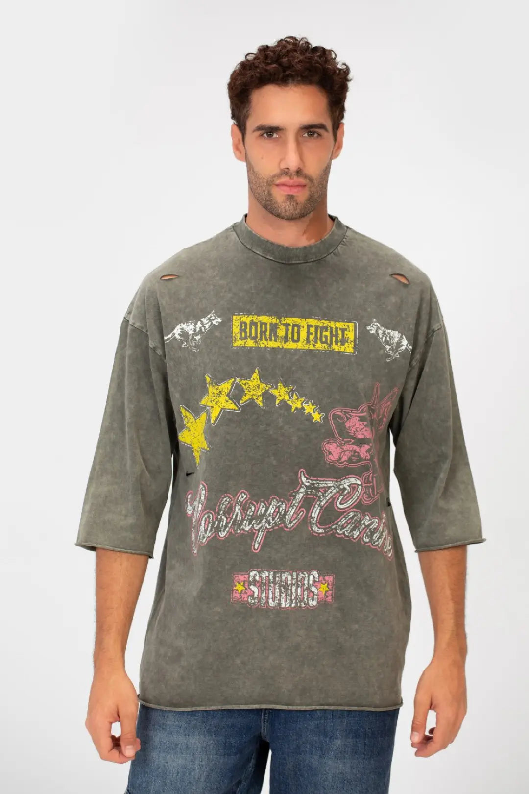 WASHED BOXY FIT RIPPED PRINTED T-SHIRT