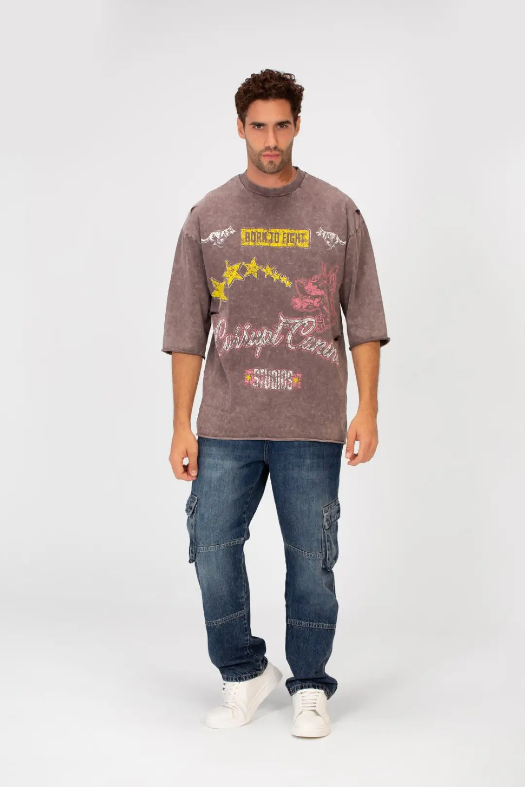 WASHED BOXY FIT RIPPED PRINTED T-SHIRT