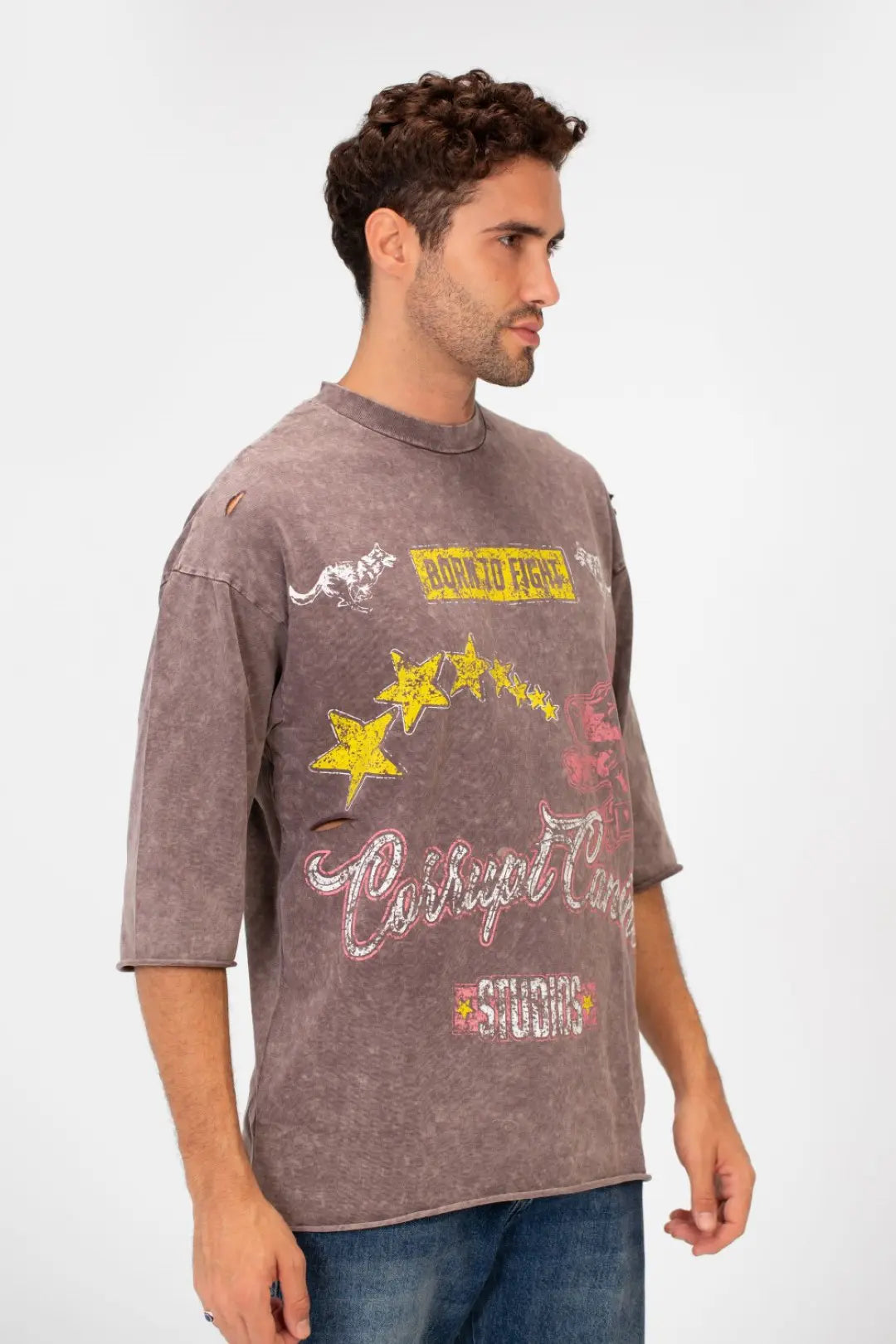 WASHED BOXY FIT RIPPED PRINTED T-SHIRT