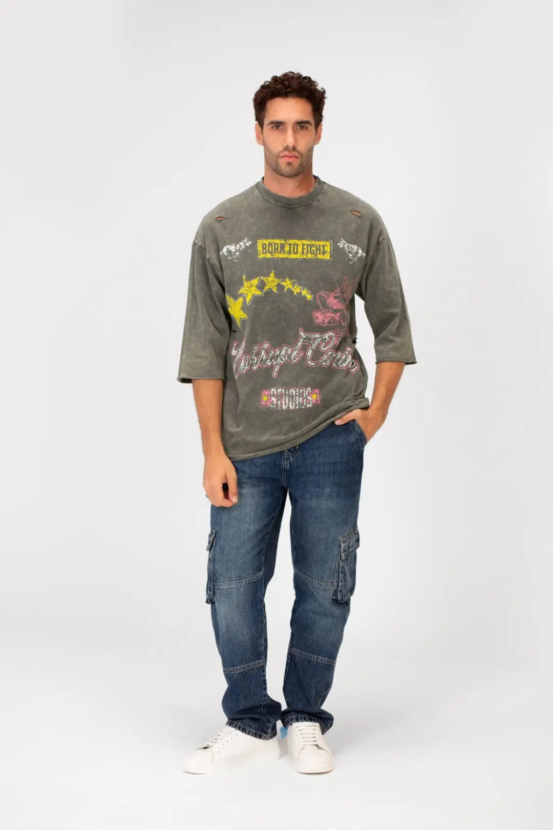 WASHED BOXY FIT RIPPED PRINTED T-SHIRT