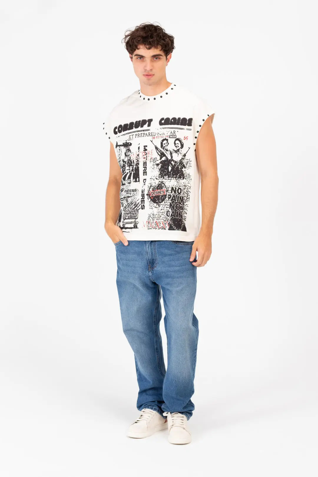 GRAPHIC PRINT RHIMSTONES SLEEVELESS CORRUPT CANINE T-SHIRT