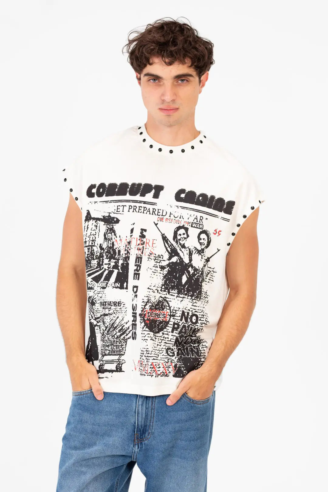 GRAPHIC PRINT RHIMSTONES SLEEVELESS CORRUPT CANINE T-SHIRT