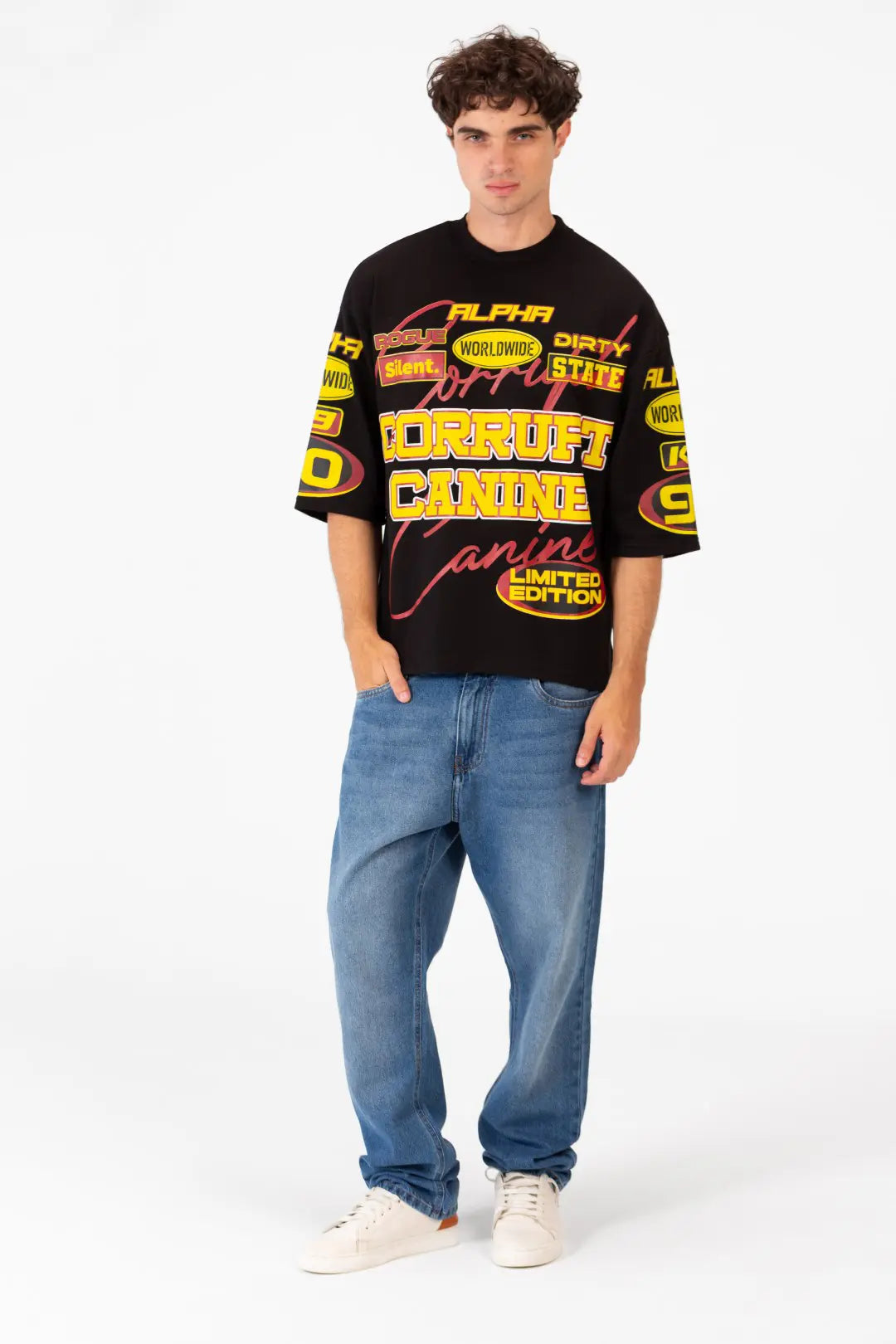 BOXY FIT LOGOS PRINT HALF SLEEVE T-SHIRT