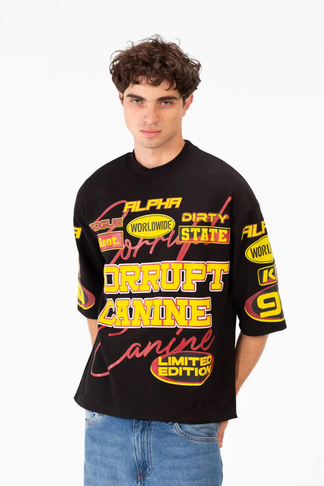 BOXY FIT LOGOS PRINT HALF SLEEVE T-SHIRT