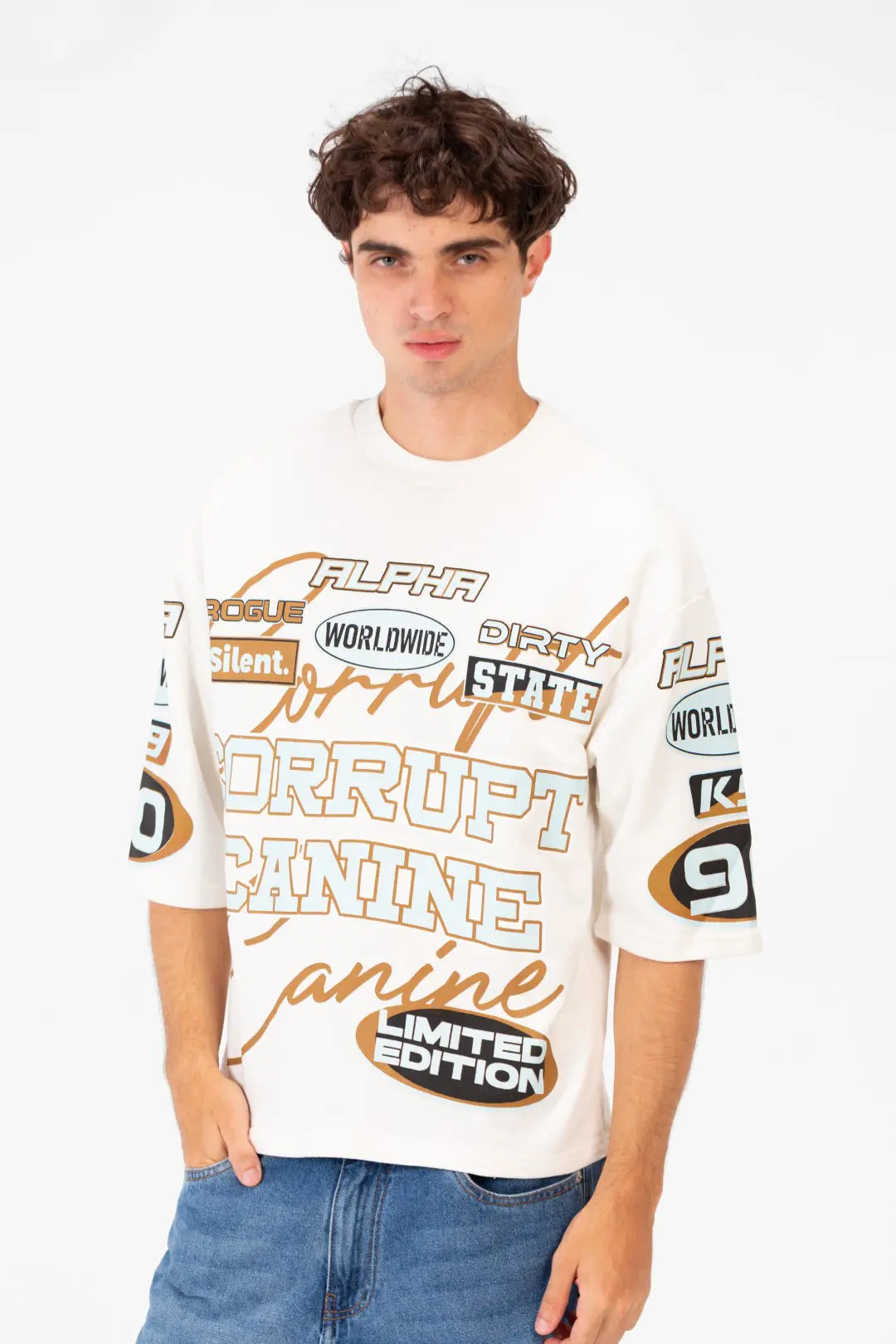 BOXY FIT LOGOS PRINT HALF SLEEVE T-SHIRT