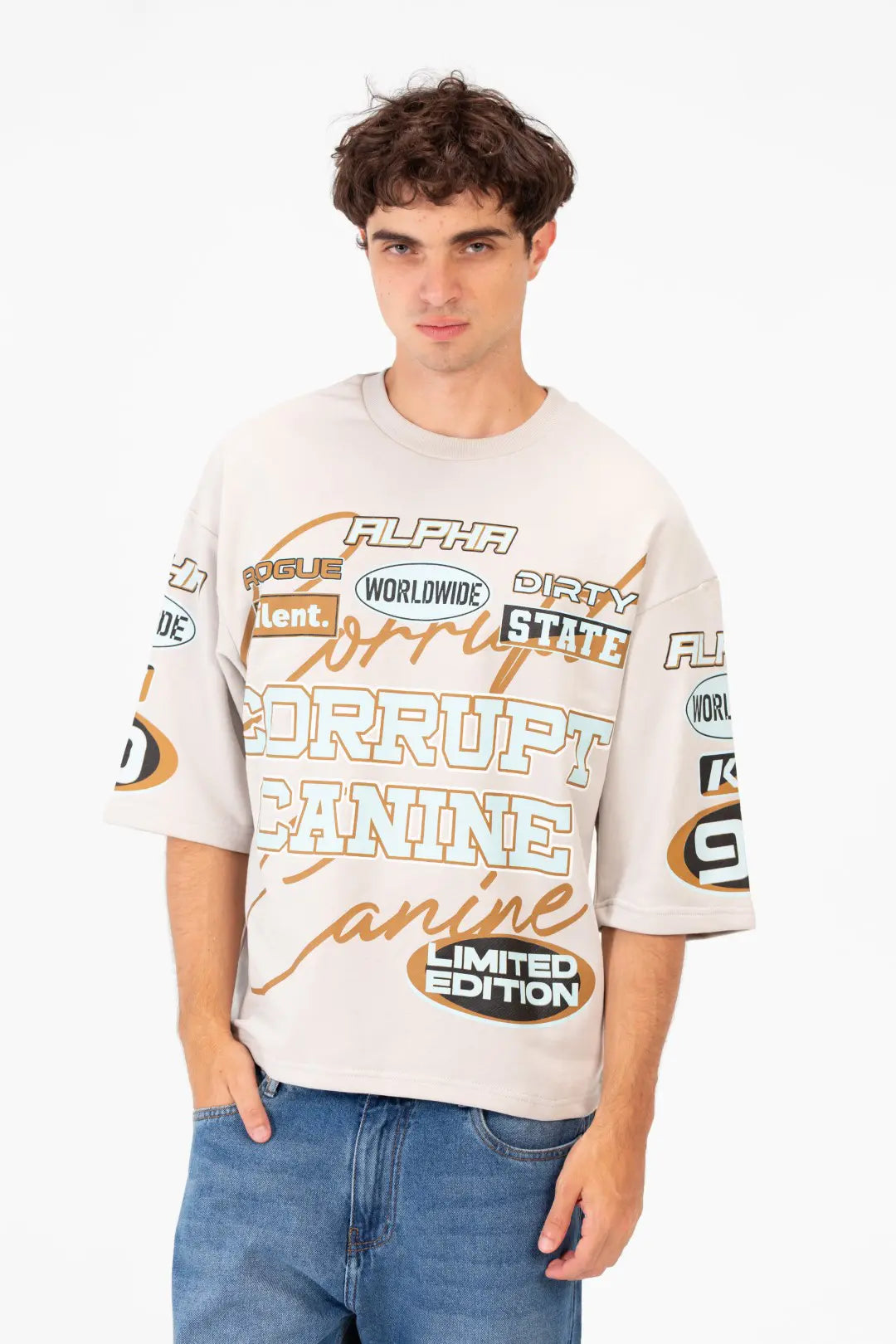 BOXY FIT LOGOS PRINT HALF SLEEVE T-SHIRT