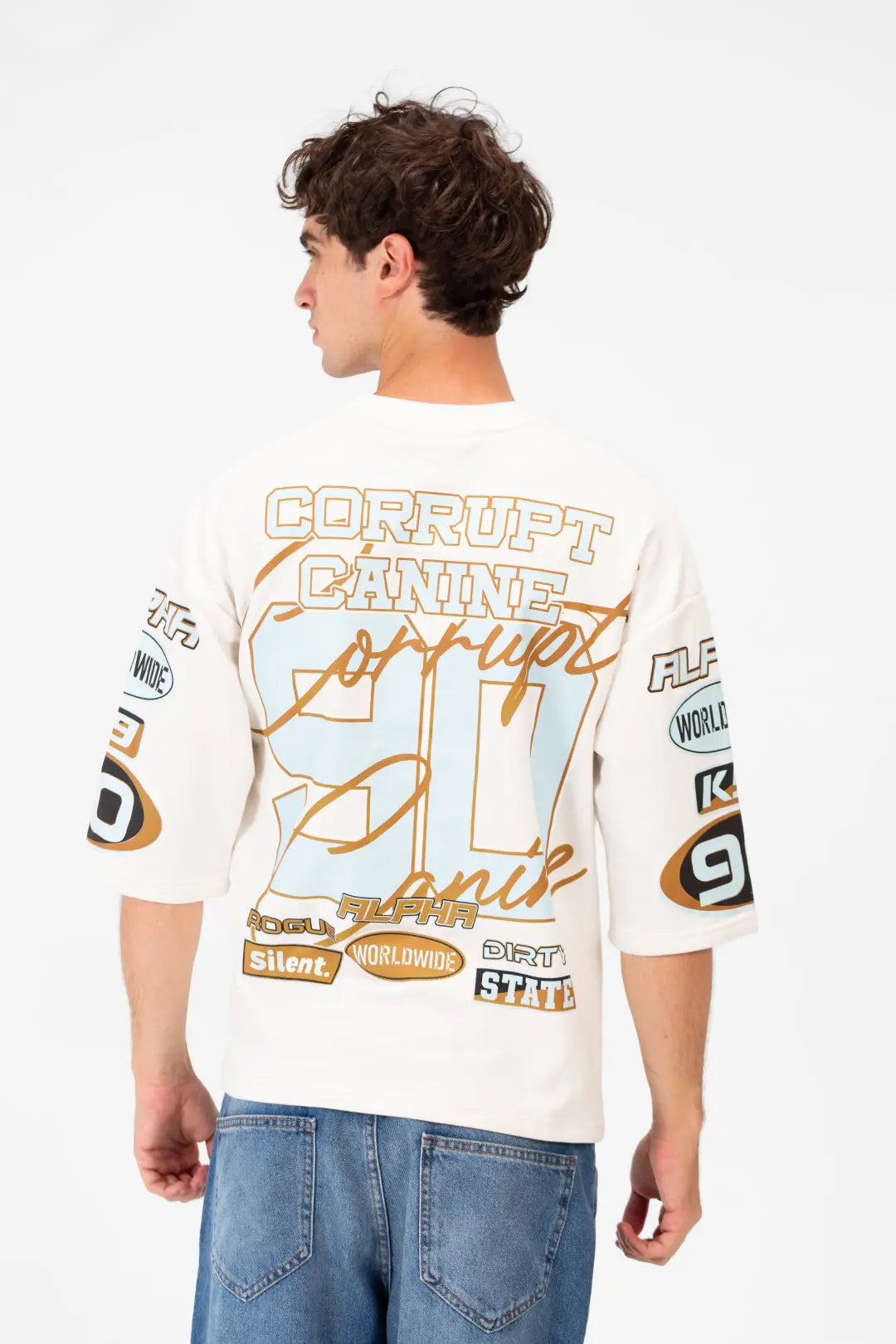 BOXY FIT LOGOS PRINT HALF SLEEVE T-SHIRT