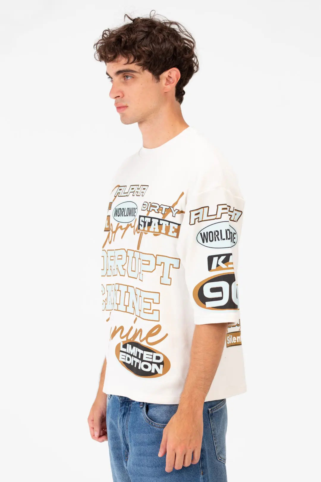 BOXY FIT LOGOS PRINT HALF SLEEVE T-SHIRT