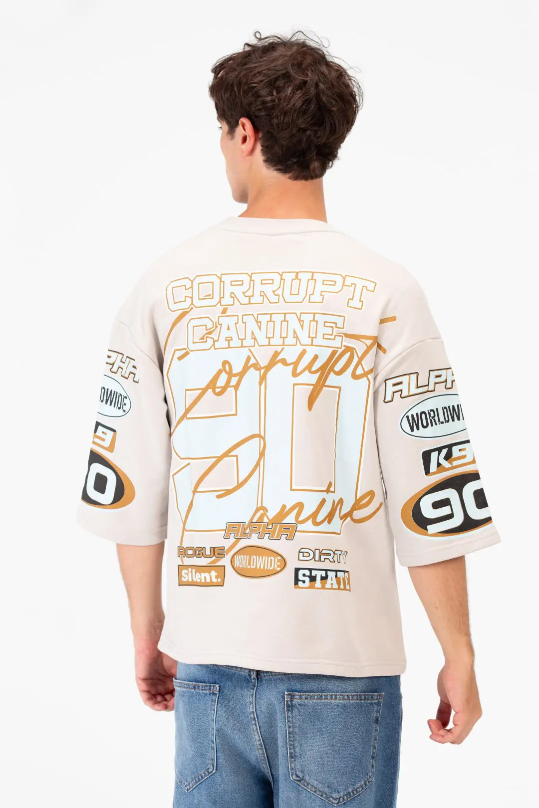 BOXY FIT LOGOS PRINT HALF SLEEVE T-SHIRT