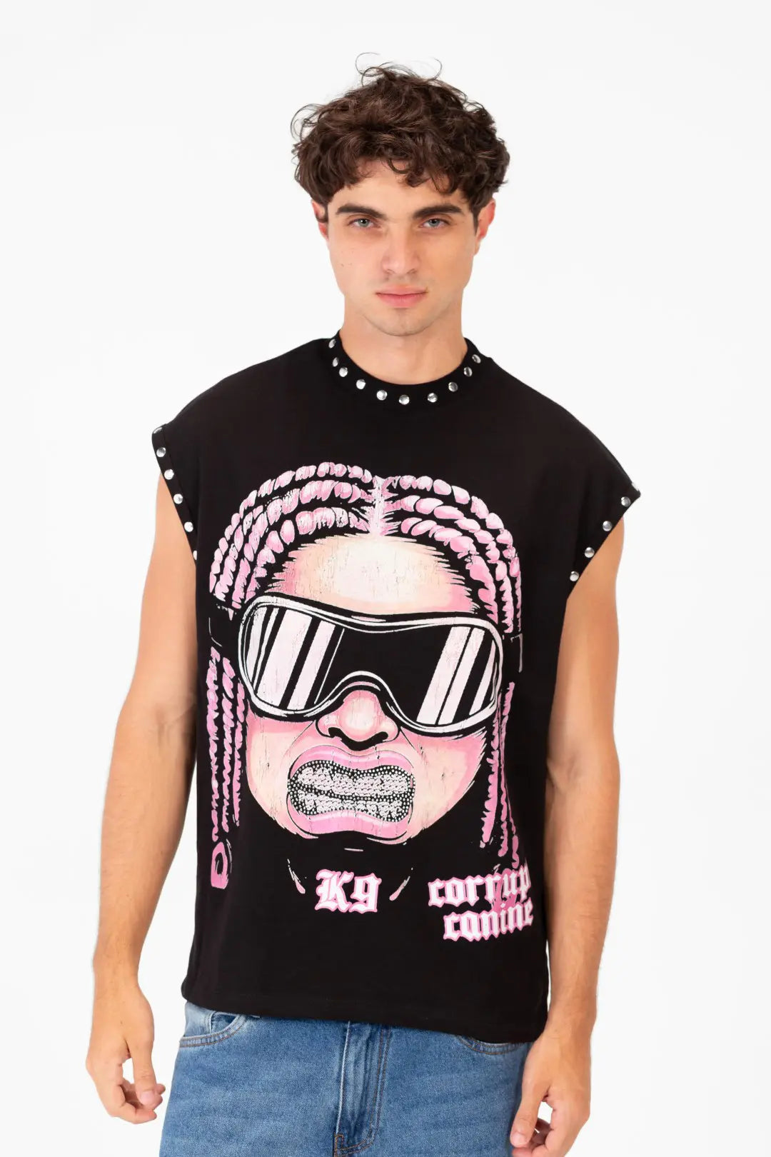 SHINY TEETH GIRL PRINT RHIMSTONES K9 T-SHIRT