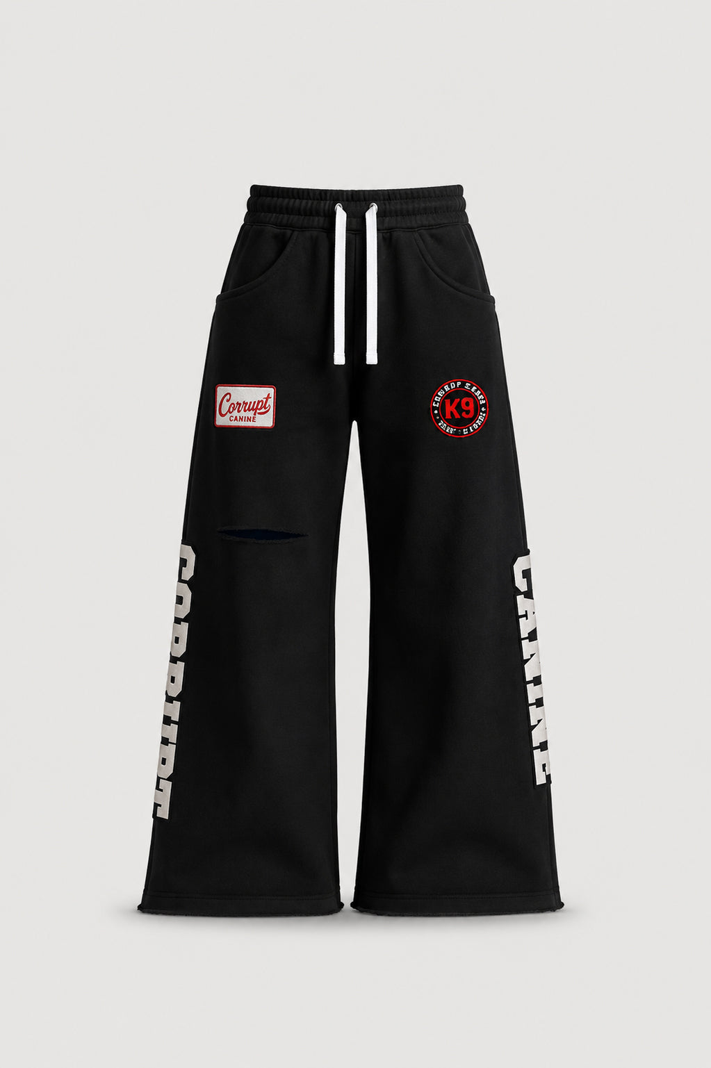 CORRUPTK9 HEAVYWEIGHT WIDE LEG SWEATPANTS WITH EMBROIDERED LOGO PATCHES & STATEMENT LEG GRAPHICS