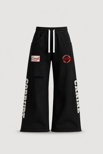 CORRUPTK9 HEAVYWEIGHT WIDE LEG SWEATPANTS WITH EMBROIDERED LOGO PATCHES & STATEMENT LEG GRAPHICS