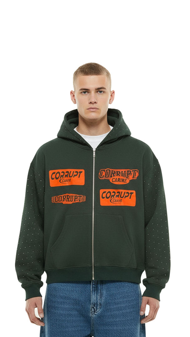 LOGOS PRINT RHINESTONE ZIP-UP LONG SLEEVES HOODED SWEATSHIRT