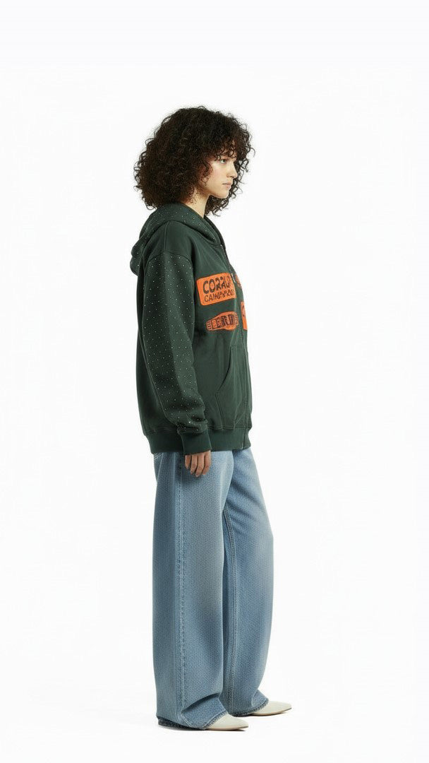 LOGOS PRINT RHINESTONE ZIP-UP LONG SLEEVES HOODED SWEATSHIRT