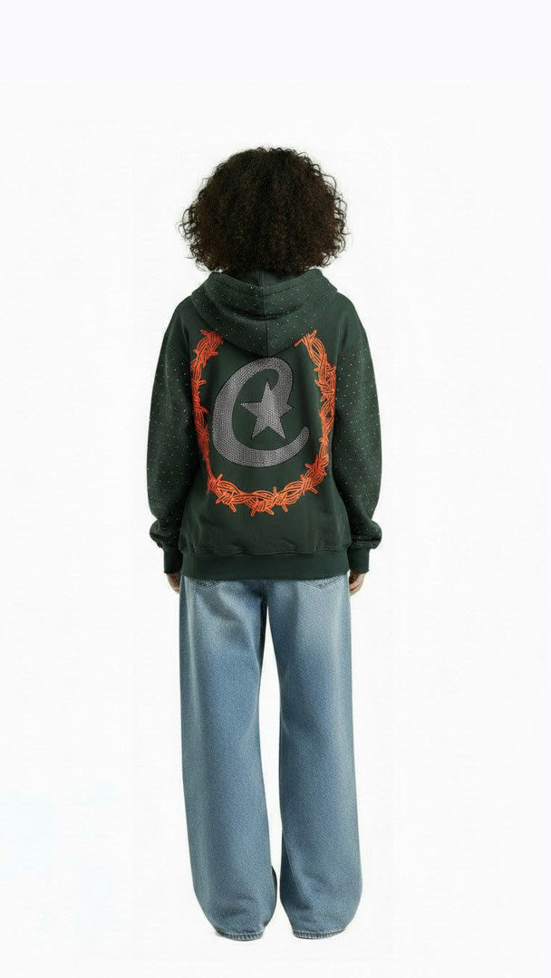 LOGOS PRINT RHINESTONE ZIP-UP LONG SLEEVES HOODED SWEATSHIRT