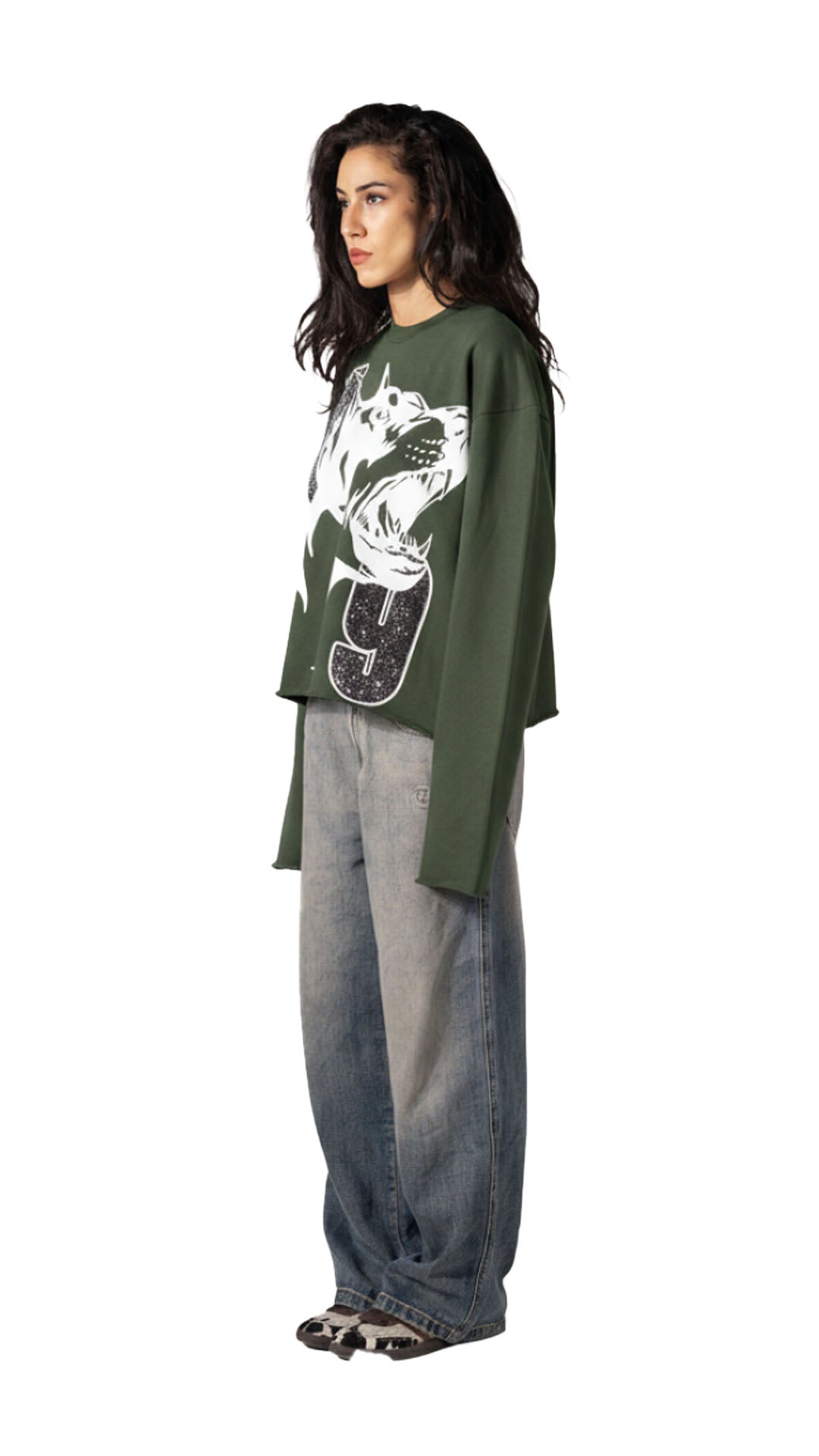 RHINESTONE DOGY &amp; LOGOS PRINT CORRUPT CROPPED SWEATSHIRT