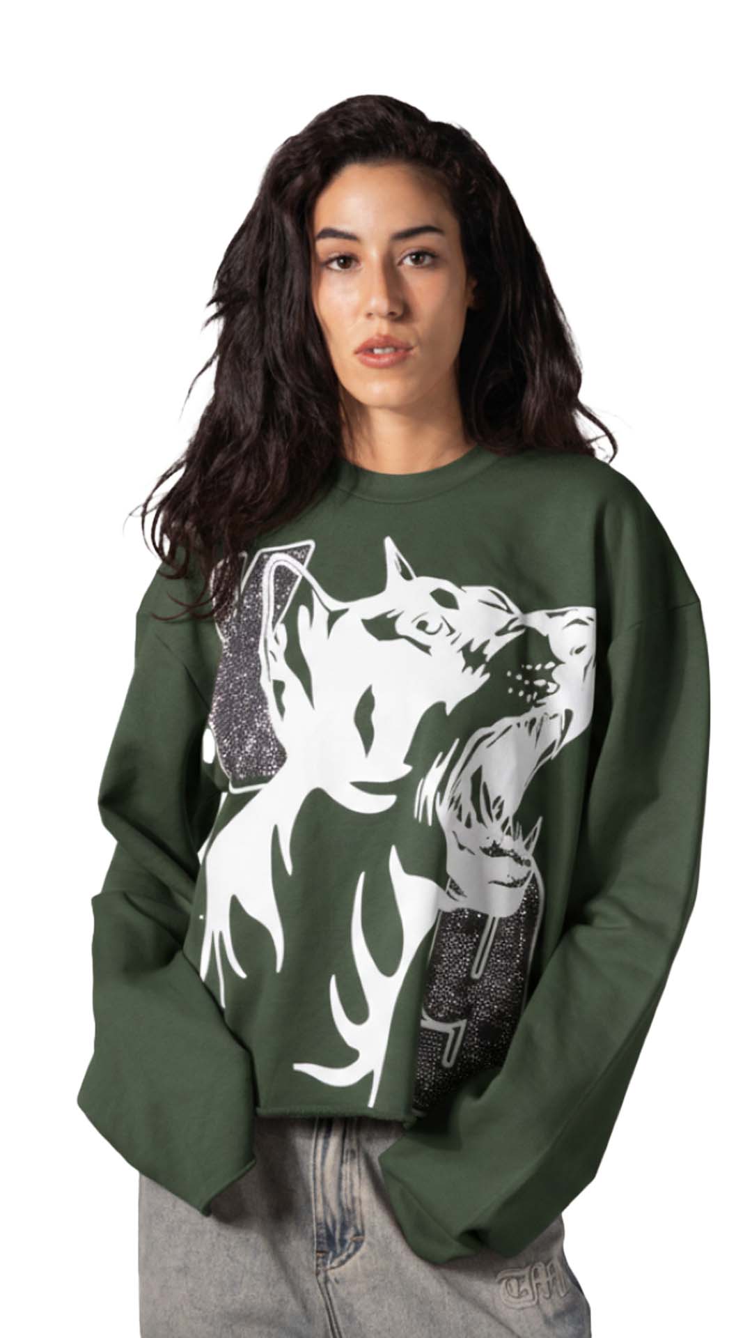 RHINESTONE DOGY &amp; LOGOS PRINT CORRUPT CROPPED SWEATSHIRT