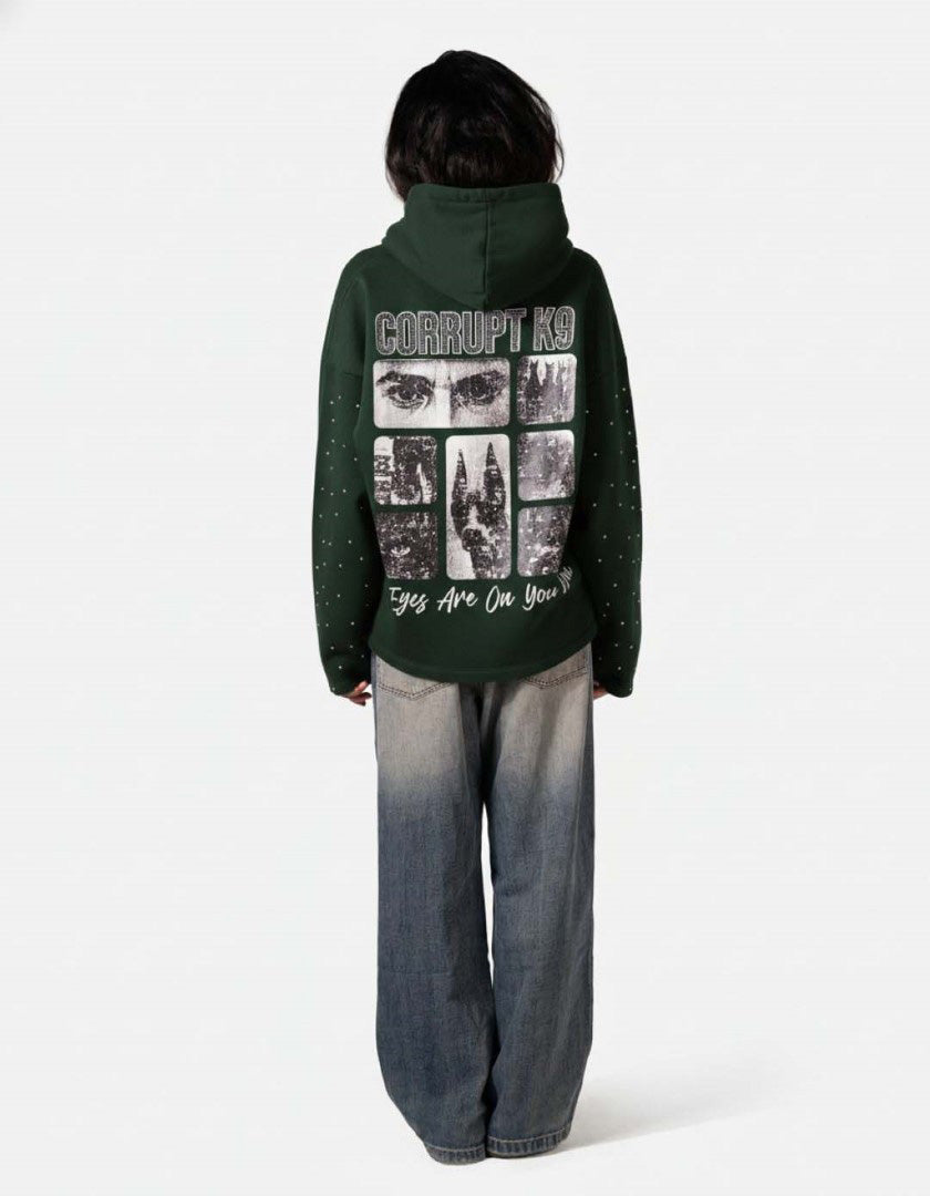 GRAPHIC STARS PRINT RHINESTONE CORRUPT CANINE HOODIE