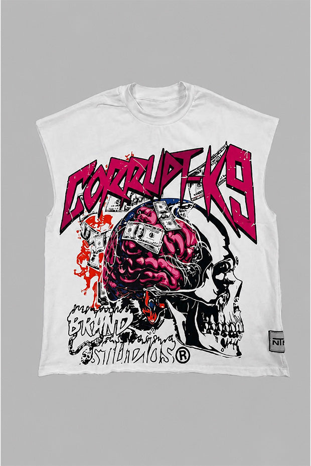 MONEY MIND SKULL OVERSIZED SLEEVELESS T-SHIRT