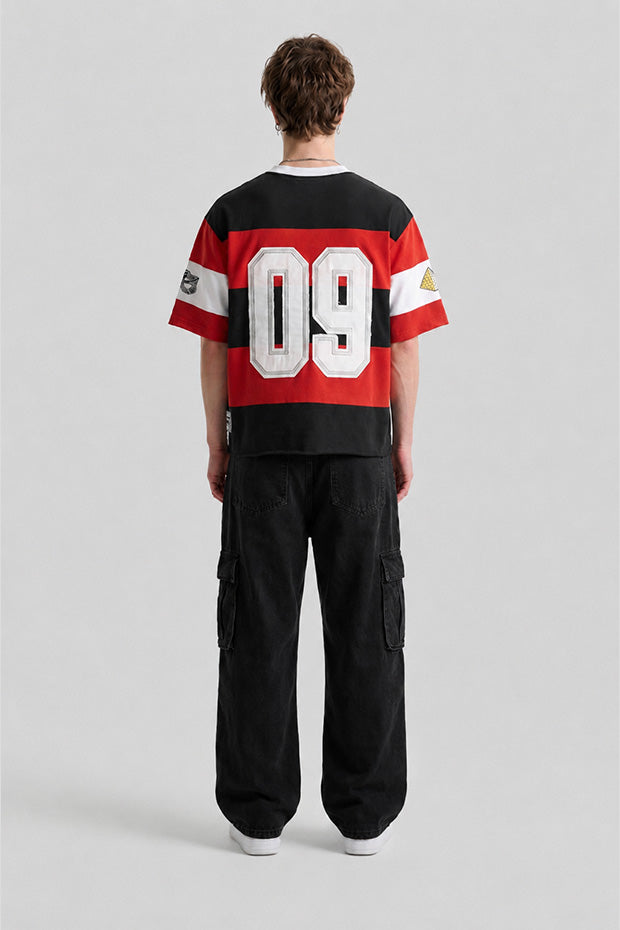 CORRUPT CANINE PYRAMID PATCH RUGBY STRIPE BOXY FIT GRAPHIC T-SHIRT