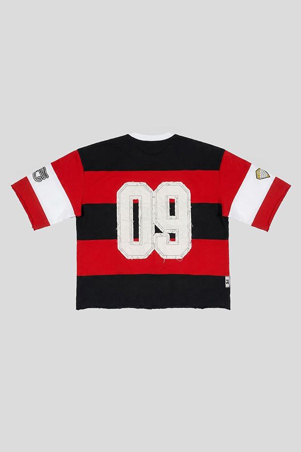 CORRUPT CANINE PYRAMID PATCH RUGBY STRIPE BOXY FIT GRAPHIC T-SHIRT