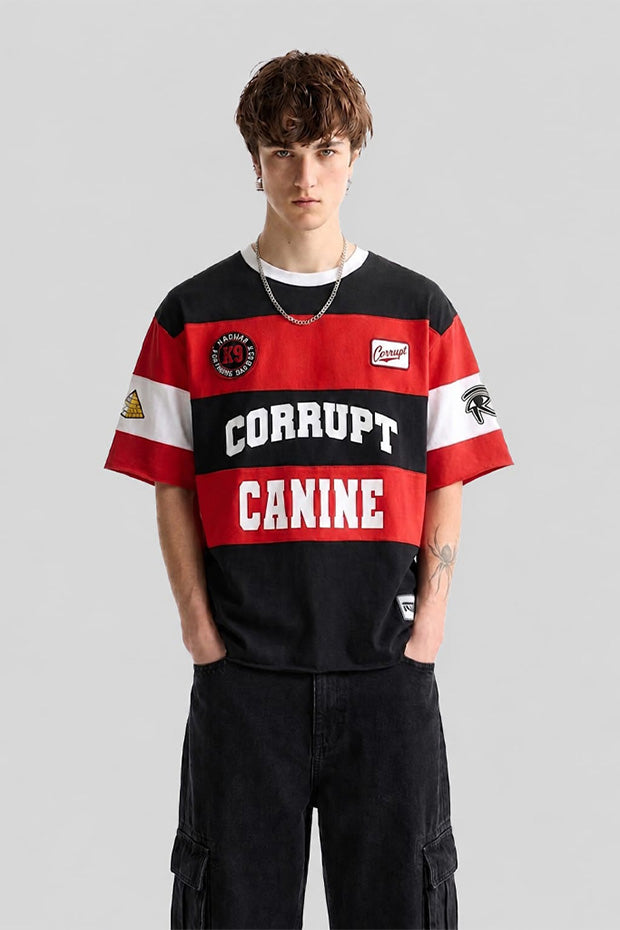 CORRUPT CANINE PYRAMID PATCH RUGBY STRIPE BOXY FIT GRAPHIC T-SHIRT