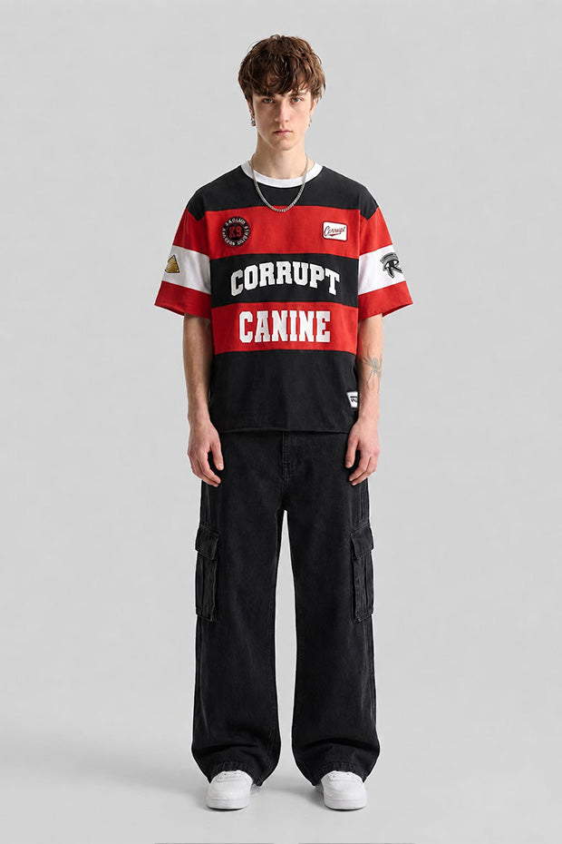 CORRUPT CANINE PYRAMID PATCH RUGBY STRIPE BOXY FIT GRAPHIC T-SHIRT