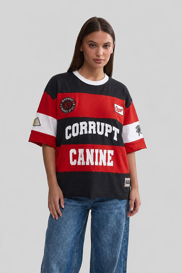 CORRUPT CANINE PYRAMID PATCH RUGBY STRIPE BOXY FIT GRAPHIC T-SHIRT