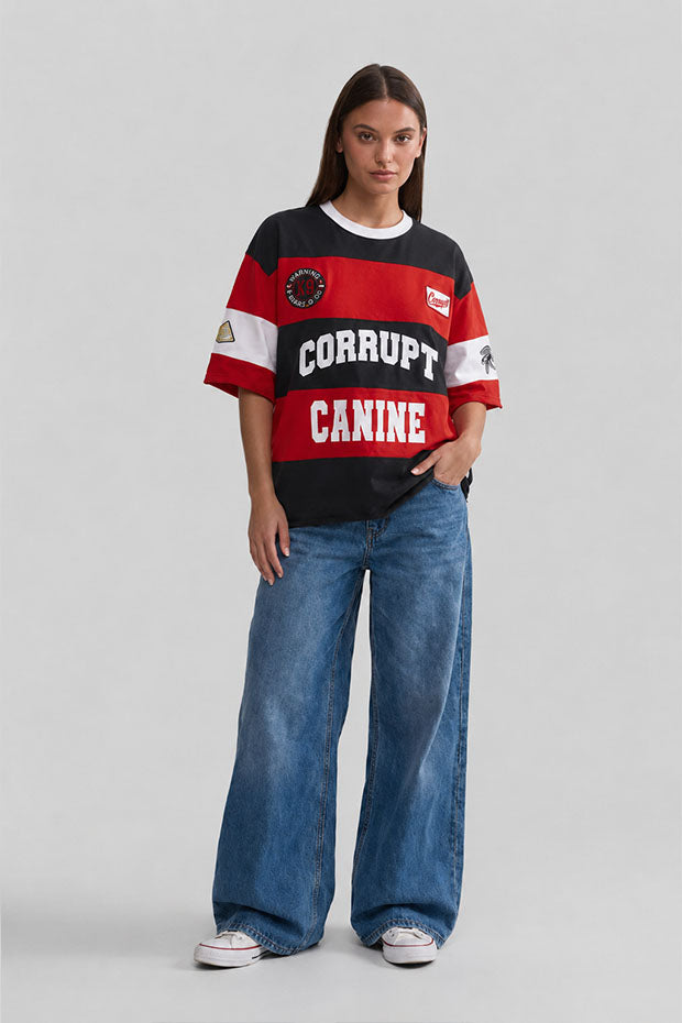 CORRUPT CANINE PYRAMID PATCH RUGBY STRIPE BOXY FIT GRAPHIC T-SHIRT