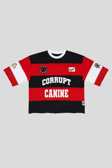 CORRUPT CANINE PYRAMID PATCH RUGBY STRIPE BOXY FIT GRAPHIC T-SHIRT
