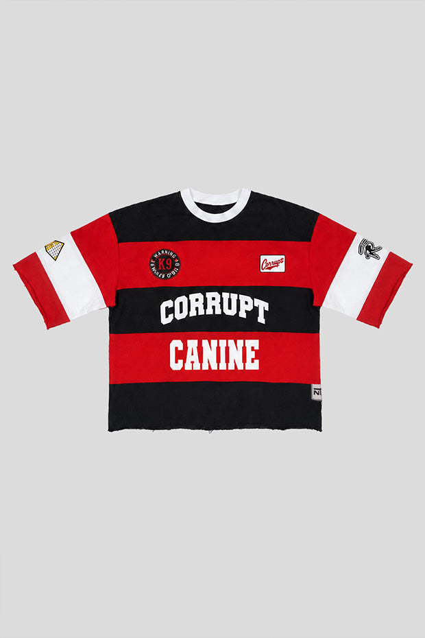 CORRUPT CANINE PYRAMID PATCH RUGBY STRIPE BOXY FIT GRAPHIC T-SHIRT