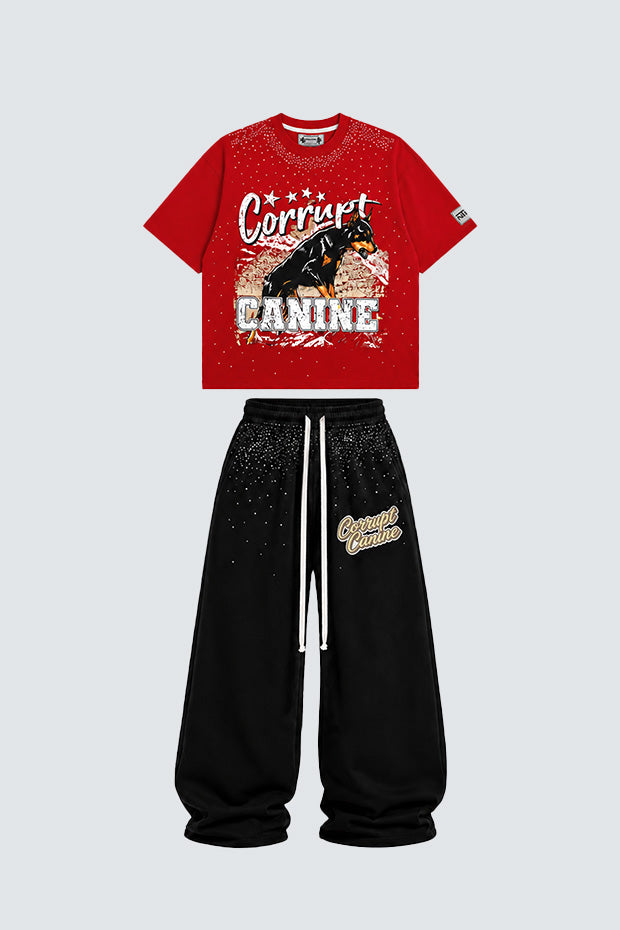 CORRUPT K9 ALPHA ELITE SET — RHINESTONE GRAPHIC T-SHIRT & WIDE SWEATPANTS