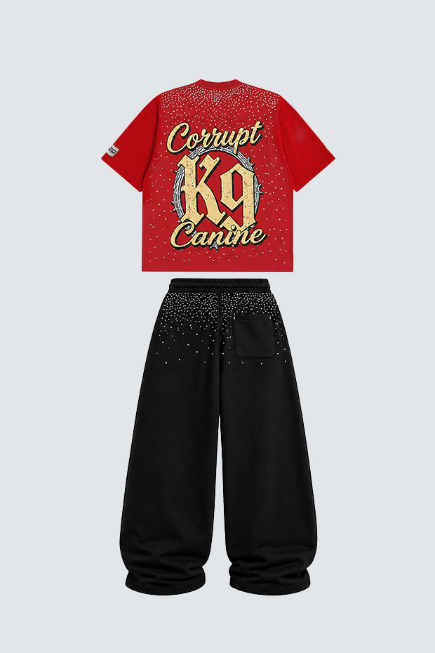 CORRUPT K9 ALPHA ELITE SET — RHINESTONE GRAPHIC T-SHIRT & WIDE SWEATPANTS