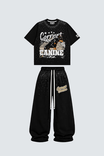 CORRUPT K9 ALPHA ELITE SET — RHINESTONE GRAPHIC T-SHIRT & WIDE SWEATPANTS