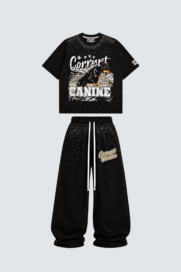 CORRUPT K9 ALPHA ELITE SET — RHINESTONE GRAPHIC T-SHIRT & WIDE SWEATPANTS