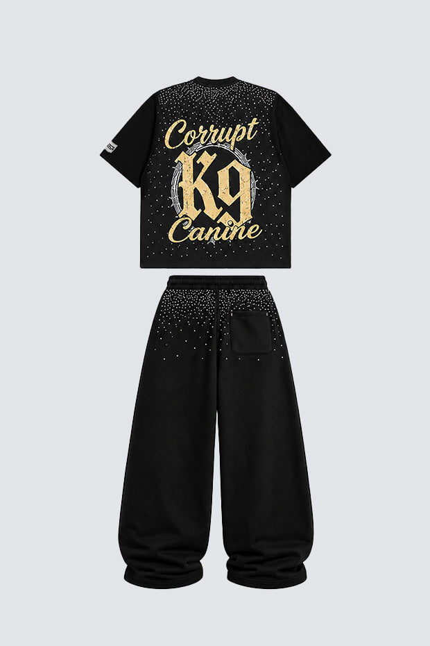 CORRUPT K9 ALPHA ELITE SET — RHINESTONE GRAPHIC T-SHIRT & WIDE SWEATPANTS
