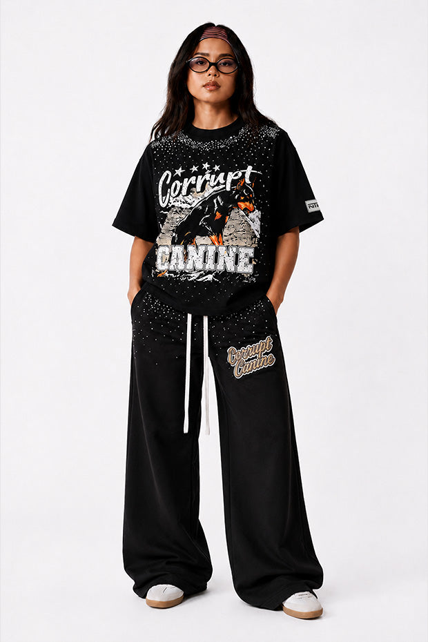 CORRUPT K9 ALPHA ELITE SET — RHINESTONE GRAPHIC T-SHIRT & WIDE SWEATPANTS