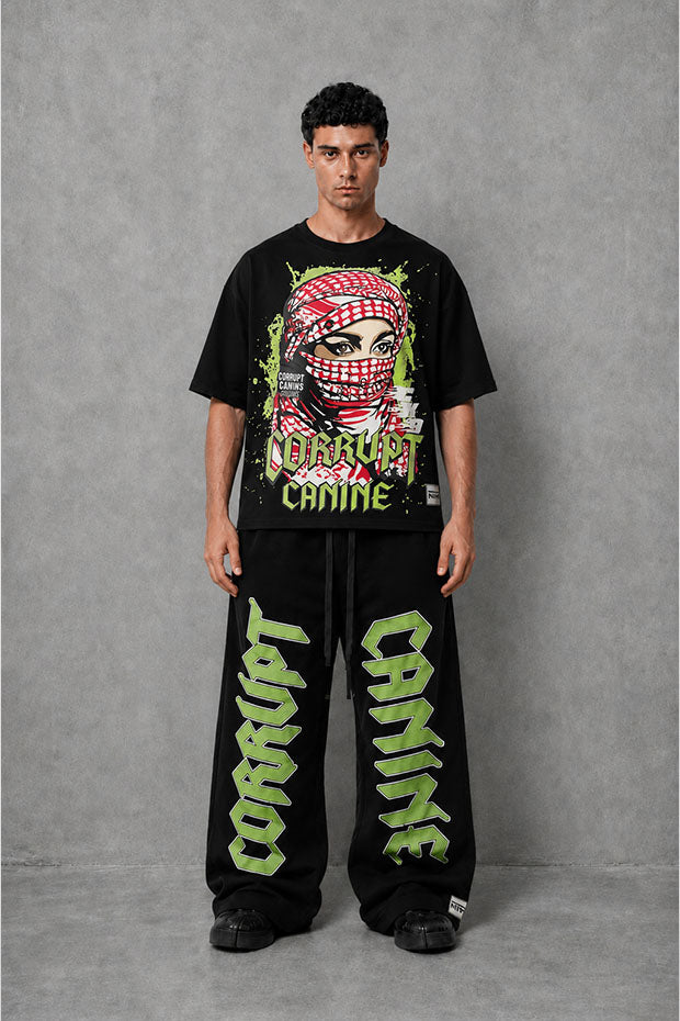 CORRUPT CANINE SILENCE SPEAKS LOUDER BOXY GRAPHIC T-SHIRT & WIDE LEG SWEATPANTS SET